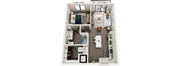 A floor plan of a small apartment with a kitchen, living room, and bathroom.