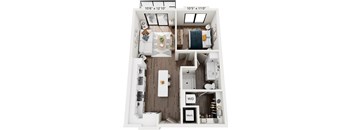 A floor plan of a small apartment with a kitchen, living room, and bathroom.