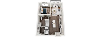 A floor plan of a small apartment with a bedroom, bathroom, kitchen, and living room.