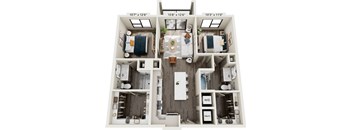 A floor plan of a small apartment with a kitchen, living room, and bathroom.