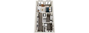 A floor plan of a small apartment with a kitchen, living room, and bathroom.
