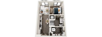 A floor plan of a small apartment with a kitchen, living room, and bathroom.