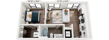 A floor plan of a small apartment with a living room, kitchen, and bathroom.