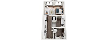 A floor plan of a small apartment with a kitchen, living room, and bathroom.
