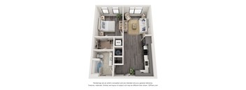 A 3D floor plan of a small apartment with a kitchen, living room, and bathroom.