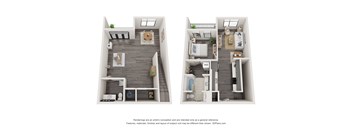 Two images of a floor plan of a house with a kitchen, living room, and bathroom.
