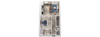 A small apartment with a bedroom, bathroom, and kitchenette.
