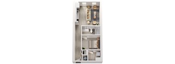 A top-down view of a small apartment with a kitchen, living room, and bathroom.