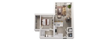 A top-down view of a small apartment with a bedroom, living room, and kitchen.