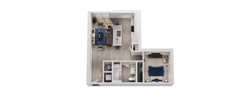 A top down view of a small apartment with a bedroom, living room, and kitchen.