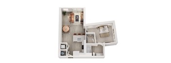 A top-down view of a modern apartment layout with a kitchen, living room, and bedroom.