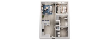 A top-down view of a small apartment with a bedroom, living room, and kitchen.