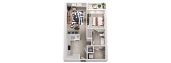 A top down view of a small apartment with a kitchen, living room, and bathroom.