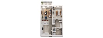 A top-down view of a small apartment with a kitchen, living room, and bathroom.