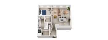 A top-down view of a modern apartment with a kitchen, living room, and bedroom.