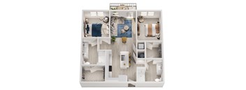 A top-down view of a small apartment with a kitchen, living room, and bedroom.
