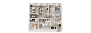 A top-down view of a modern, minimalist apartment with a living room, kitchen, and bedroom.