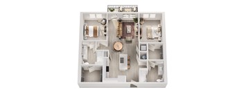 A top-down view of a well-organized apartment with a kitchen, living room, and bedrooms.