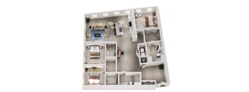 A top-down view of a house interior with a kitchen, living room, and bedrooms.