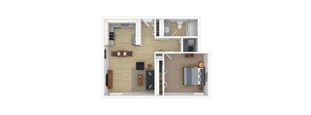a stylized floor plan with a bedroom and living room