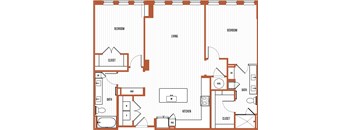 A floor plan of a house with two bedrooms, a living room, a kitchen, a bath, and a mild area.