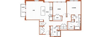 A floor plan of a house with a living room, kitchen, and two bedrooms.