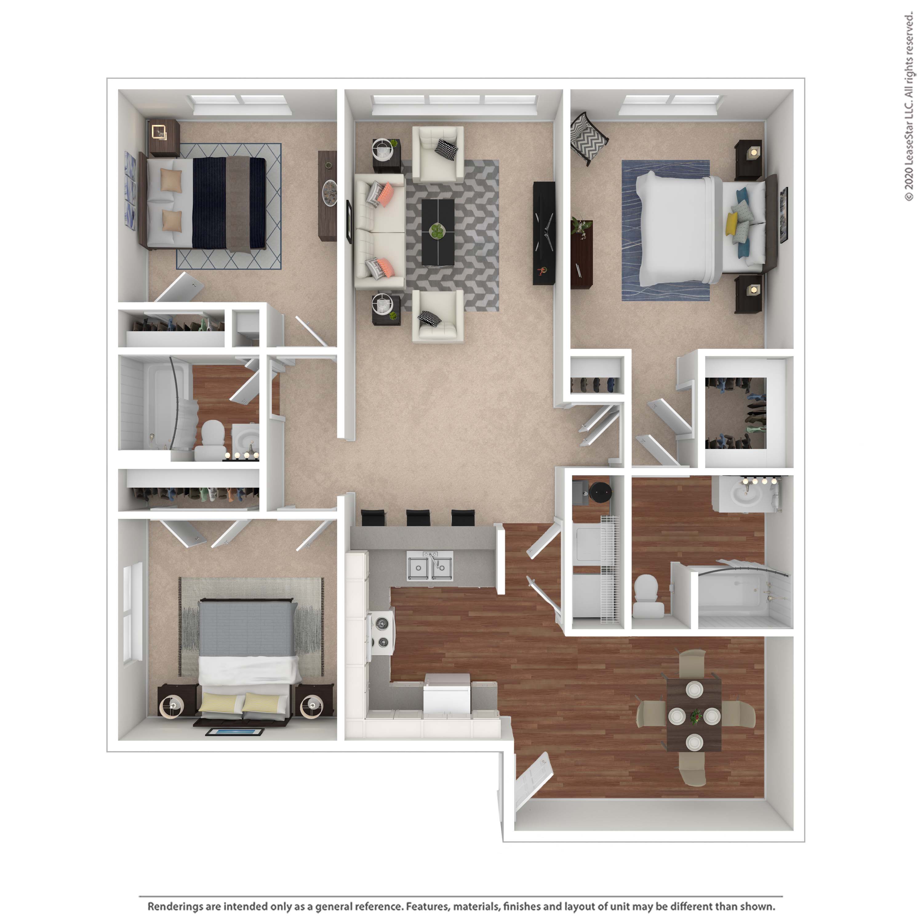 A floor plan of a two-bedroom apartment with a living room, kitchen, and bathroom.