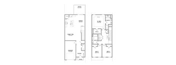 A floor plan of a house with a garage, two bedrooms, a living room, a dining room, a kitchen, a foyer, and a patio.