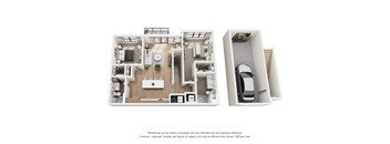 A 3D floor plan of a house with a kitchen, living room, and bedrooms.