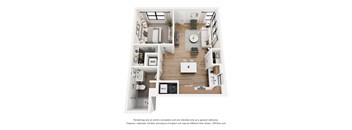 A 3D floor plan of a small apartment with a kitchen, living room, and bathroom.