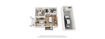 A 3D floor plan of a small apartment with a kitchen, living room, and bedroom.