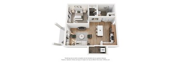 A 3D floor plan of a house with a kitchen, living room, and bathroom.