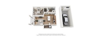 A 3D floor plan of a house with a kitchen, living room, and bedrooms.