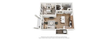 A 3D floor plan of a house with a kitchen, living room, and bathroom.