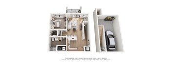 A 3D floor plan of a house with a kitchen, living room, and bedrooms.