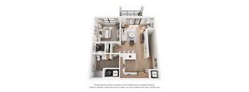 A 3D floor plan of a house with a kitchen, living room, and bathroom.