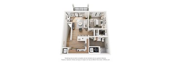 A 3D floor plan of a house with a kitchen, living room, and bathroom.