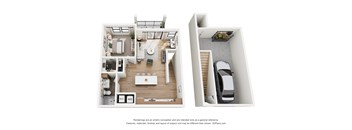 A 3D floor plan of a house with two bedrooms, a living room, a kitchen, and a garage.