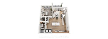 A 3D floor plan of a house with a kitchen, living room, and bathroom.