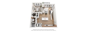 A 3D floor plan of a house with a kitchen, living room, and bathroom.