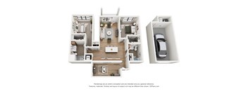 A 3D floor plan of a house with a kitchen, living room, and bedrooms.