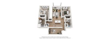 A 3D floor plan of a house with a kitchen, living room, and two bedrooms.