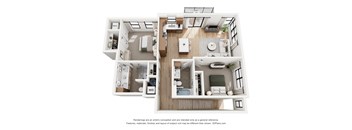 A 3D floor plan of a house with two bedrooms, a living room, a kitchen, and a bathroom.