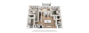 A 3D floor plan of a house with a kitchen, living room, and two bedrooms.