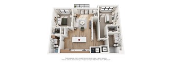 A 3D floor plan of a house with a kitchen, living room, and bathroom.