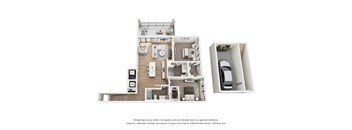 A 3D floor plan of a house with a kitchen, living room, and bedrooms.