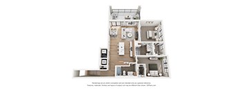 A 3D floor plan of a house with a kitchen, living room, and bedrooms.