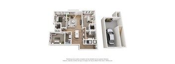 A 3D floor plan of a house with a kitchen, living room, bedrooms and bathrooms.