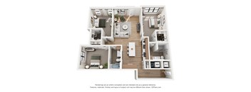 A 3D floor plan of a house with a kitchen, living room, and bathroom.