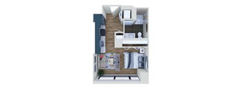 A top down view of a small apartment with a bedroom, living room, and kitchen.